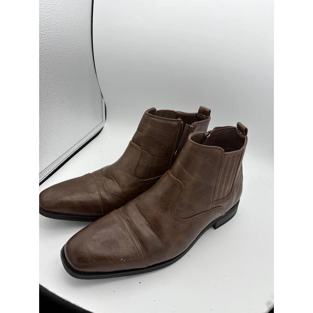 Brown Chelsea Boots Mens Size 9.5 Faux Leather Ankle Zip Square Toe Dress Casual